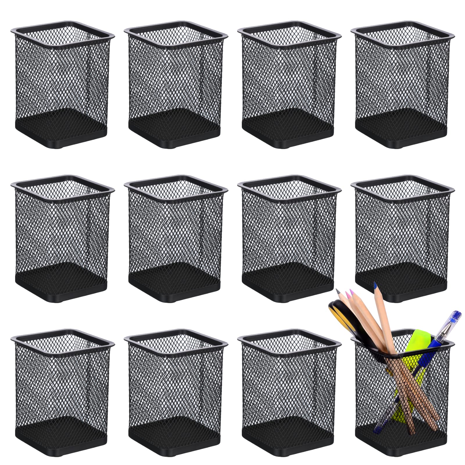 Toocust Black Mesh Pencil Cup Holder For Desk, 12 Pack Mesh Square Pen Holder - Thickened Metal & Non-Slip Bottom, Mesh Wire Pen